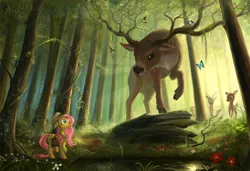 Size: 4128x2824 | Tagged: safe, artist:devinian, derpibooru import, fluttershy, bird, butterfly, deer, pegasus, pony, animal, beautiful, branches for antlers, clothes, explorer outfit, fawn, female, floppy ears, forest, hat, irish elk, looking up, mare, open mouth, raised hoof, scenery, scenery porn, shirt, shocked, size difference, stag, wide eyes