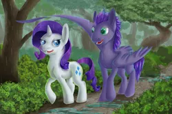 Size: 1023x682 | Tagged: safe, derpibooru import, rarity, oc, oc:kydose, pegasus, pony, unicorn, canon x oc, love, rain, raridose, shipping, walking, wing umbrella