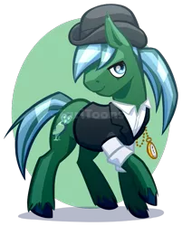 Size: 725x900 | Tagged: safe, artist:taritoons, derpibooru import, oc, oc:thestrauss, unofficial characters only, earth pony, pony, bedroom eyes, bowler hat, cel shading, clothes, commission, hat, looking at you, pocket watch, raised hoof, simple background, smirk, solo, transparent background, unshorn fetlocks