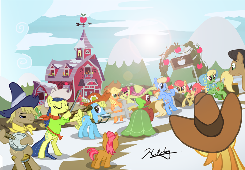 Size: 1024x710 | Tagged: safe, artist:hotdog, derpibooru import, apple bloom, apple bumpkin, applejack, babs seed, big macintosh, braeburn, fiddlesticks, granny smith, earth pony, pony, apple, apple cider, apple family, apple family member, apple siblings, barn, clothes, dress, hat, male, stallion, sweet apple acres