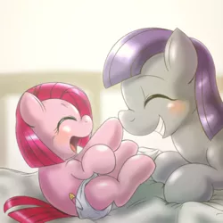 Size: 1000x1000 | Tagged: artist:ushiro no kukan, baby pie, boop, cute, diaper, diapinkes, duo, eyes closed, filly, grin, maudabetes, maud pie, on back, open mouth, pie sisters, pinkie pie, prone, safe, sisters, smiling, ushiro is trying to murder us, weapons-grade cute, when she smiles, younger