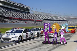 Size: 1024x683 | Tagged: safe, derpibooru import, adagio dazzle, aria blaze, sonata dusk, equestria girls, rainbow rocks, brad keselowski, brian scott, car, david ragan, equestria girls in real life, ford, ford fusion, joey logano, justin allgaier, kurt busch, mike wallace, nascar, paul menard, photo, race track, racecar, ryan blaney, sam hornish jr, the dazzlings, vector