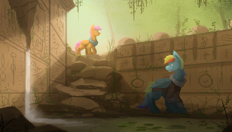 Size: 2800x1591 | Tagged: safe, artist:fuzzyfox11, derpibooru import, rainbow dash, scootaloo, clothes, jacket, ruins, scarf