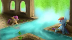 Size: 3840x2160 | Tagged: aqueduct, artist:fuzzyfox11, book, derpibooru import, rainbow dash, ruins, safe, scootaloo, water