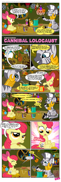 Size: 1900x5631 | Tagged: safe, artist:pixelkitties, derpibooru import, apple bloom, applejack, zecora, earth pony, pony, zebra, beetlejuice, bottle, candle, cannibal holocaust, cannibalism, comic, dark comedy, dead, decapitated, destro, female, filly, flavor flav, g.i. joe, implied death, implied murder, jigsaw, konami code, pineapple, saw (movie), severed head, shrunken head, sitting, soup, the mask, zecora's hut