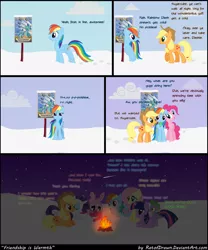 Size: 1042x1250 | Tagged: applejack, artist:ratofdrawn, campfire, clothes, comic, cute, derpibooru import, fire, fluttershy, leaning, mane seven, mane six, on back, open mouth, pinkie pie, ponyloaf, poster, prone, rainbow dash, rarity, safe, scarf, smiling, snow, spike, twilight sparkle, wonderbolts