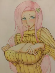 Size: 1936x2592 | Tagged: anti-gravity boobs, artist:samaelalighieri, blushing, breasts, busty fluttershy, cleavage, clothes, derpibooru import, female, fluttershy, human, humanized, keyhole turtleneck, light skin, open-chest sweater, solo, suggestive, sweater, sweatershy, turtleneck, vacuum sealed clothing
