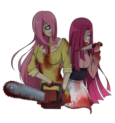 Size: 2443x2600 | Tagged: artist:alucrazymind, blood, chainsaw, clothes, derpibooru import, fluttershed, fluttershy, human, humanized, knife, light skin, pinkamena diane pie, pinkie pie, semi-grimdark, sweatershy, yandere, yandere pie, yandereshy