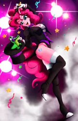 Size: 1024x1583 | Tagged: suggestive, artist:animeclaro, derpibooru import, gummy, pinkie pie, anthro, equestria girls, ass, boots, bowtie, breasts, busty pinkie pie, cleavage, clothes, confetti, corset, duo, female, gloves, hat, high heel boots, high heels, human facial structure, leotard, magician, magician outfit, ponied up, smiling, stockings, top hat, wand