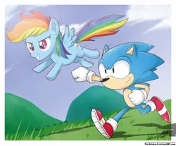 Size: 1280x1058 | Tagged: artist:the-butch-x, classic sonic, crossover, filly, filly rainbow dash, flying, foal, race, rainbow dash, running, safe, sonic the hedgehog, sonic the hedgehog (series), younger