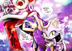 Size: 3500x2474 | Tagged: armpits, artist:skyshek, blaze the cat, cheongsam, chinese new year, chinese text, clothes, crossover, derpibooru import, dialogue, dragon dance, horned humanization, human, humanized, pixiv, sonic the hedgehog (series), suggestive, twilight sparkle, vacuum sealed clothing