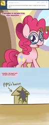 Size: 600x1520 | Tagged: safe, artist:solar-slash, derpibooru import, pinkie pie, earth pony, pony, ask pinkie pie solutions, ask, comic, female, glasses, house, mare, solo, tumblr