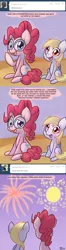 Size: 600x2260 | Tagged: safe, artist:solar-slash, derpibooru import, derpy hooves, pinkie pie, pegasus, pony, ask pinkie pie solutions, ask, beach, comic, dreamy, female, fireworks, glasses, mare, tumblr