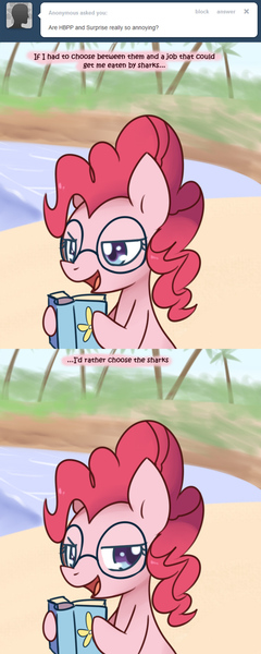 Size: 600x1500 | Tagged: safe, artist:solar-slash, derpibooru import, pinkie pie, earth pony, pony, ask pinkie pie solutions, ask, book, comic, female, glasses, mare, solo, tumblr