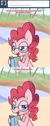 Size: 600x1500 | Tagged: safe, artist:solar-slash, derpibooru import, pinkie pie, earth pony, pony, ask pinkie pie solutions, ask, book, comic, female, glasses, mare, solo, tumblr