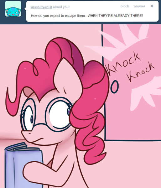 Size: 600x700 | Tagged: safe, artist:solar-slash, derpibooru import, pinkie pie, ask pinkie pie solutions, ask, book, glasses, solo, tumblr