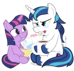 Size: 750x720 | Tagged: artist:dm29, bloodshot eyes, breakfast, cereal, coffee, coffee mug, derpibooru import, duo, fluffy, fuzznums, puffy cheeks, safe, shining armor, simple background, transparent background, twilight sparkle, twily