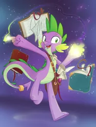 Size: 1200x1600 | Tagged: armpits, artist:equestria-prevails, book, derpibooru import, dragon, magic, male, older, older spike, open mouth, safe, satchel, scroll, spike