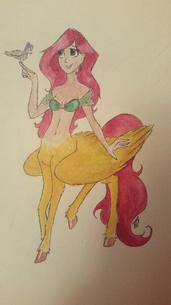 Size: 575x1024 | Tagged: artist:1paf, belly button, bird, centaur, centaurshy, derpibooru import, female, fluttershy, pegataur, safe, solo, traditional art