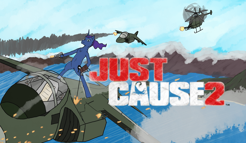 Size: 1463x853 | Tagged: action pose, box art, derpibooru import, grappling hook, gun, helicopter, jet, just cause, just cause 2, just cause 3, princess luna, safe