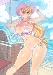 Size: 2893x4092 | Tagged: applejack, armpits, artist:maniacpaint, art pack:my little sweetheart, art pack:my little sweetheart 3, belly button, bikini, breasts, busty applejack, cleavage, clothes, derpibooru import, female, hat, human, humanized, light skin, my little sweetheart 3, smiling, solo, solo female, suggestive, swimsuit