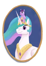 Size: 1742x2500 | Tagged: safe, artist:stormcrow-42, derpibooru import, princess celestia, twilight sparkle, filly, filly twilight sparkle, momlestia, pony hat, portrait, size difference, smol