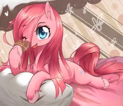 Size: 698x600 | Tagged: safe, artist:aymint, derpibooru import, pinkie pie, earth pony, pony, alternate hairstyle, bed, cute, cuteamena, diapinkes, female, heart, loose hair, mare, one eye closed, pillow, pinkamena diane pie, prone, solo, tongue out, unshorn fetlocks, valentine, wink