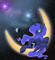 Size: 2300x2500 | Tagged: dead source, safe, artist:rainbowscreen, derpibooru import, princess luna, pony, crescent moon, moon, planet, pony bigger than a planet, solo, space, stars, tangible heavenly object, transparent moon, underhoof