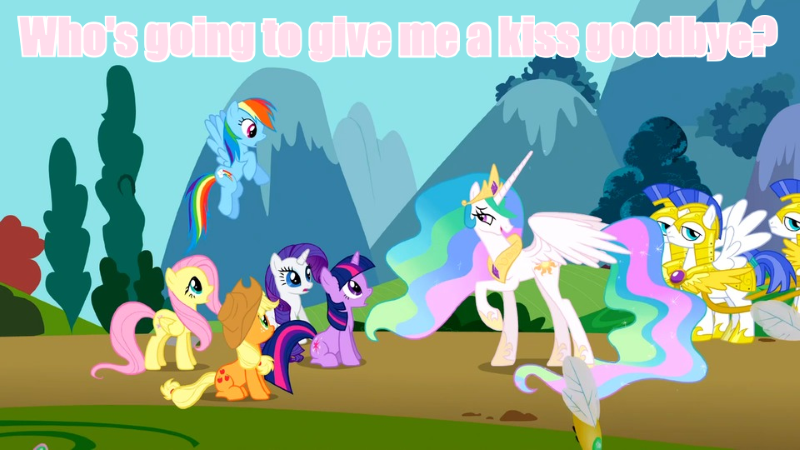 Size: 800x450 | Tagged: applejack, derpibooru import, fluttershy, image macro, meme, momlestia, pink text, princess celestia, rainbow dash, rarity, royal guard, safe, swarm of the century, twilight sparkle