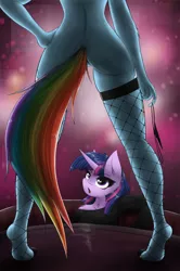 Size: 736x1106 | Tagged: suggestive, artist:ninjapony, derpibooru import, rainbow dash, twilight sparkle, anthro, unicorn, clothes, eyes on the prize, female, fishnets, framed by legs, lesbian, nudity, shipping, strategically covered, stripper, tail censor, twidash