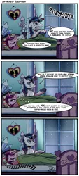 Size: 1798x3968 | Tagged: safe, artist:gray--day, derpibooru import, princess cadance, shining armor, alicorn, pony, unicorn, bed, comic, dialogue, female, hair curlers, implied infidelity, male, mare, sleep talking, sleeping, snoring, speech bubble, stallion, unamused