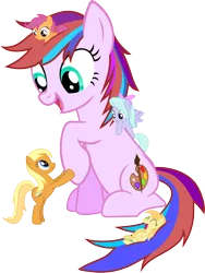 Size: 4000x5317 | Tagged: safe, artist:lumorn, derpibooru import, apple cobbler, flitter, noi, scootaloo, oc, oc:tiara colour, earth pony, pegasus, pony, apple family member, background pony, eyes closed, female, filly, happy, mare, micro, on back, open mouth, raised hoof