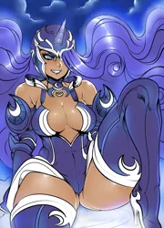Size: 1081x1500 | Tagged: armor, artist:maniacpaint, big breasts, breasts, busty nightmare moon, cleavage, derpibooru import, female, grin, hair over one eye, helmet, human, humanized, leotard, nightmare moon, nudity, princess luna, smiling, solo, solo female, stupid sexy nightmare moon, suggestive