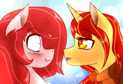 Size: 2918x2000 | Tagged: safe, artist:whisperfoot, derpibooru import, oc, oc:autumn leaf, oc:cherry, unofficial characters only, earth pony, pony, unicorn, blushing, cute, female, horn, lens flare, lesbian, scrunchy face