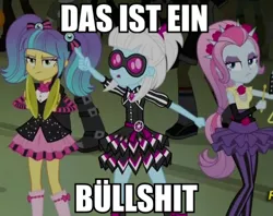 Size: 720x571 | Tagged: safe, derpibooru import, crimson napalm, photo finish, pixel pizazz, scribble dee, teddy t. touchdown, violet blurr, equestria girls, rainbow rocks, background human, denglisch, image macro, meme, photo finish insults, the snapshots, umlaut, unnecessary umlaut, vulgar