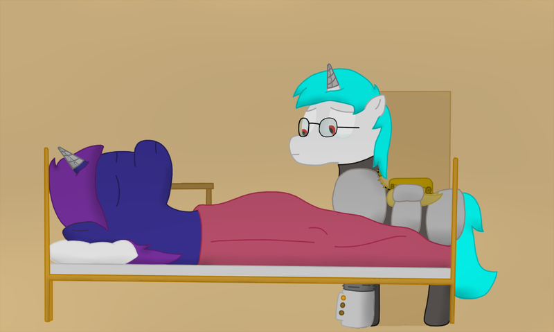 Size: 1024x613 | Tagged: safe, artist:minty candy, derpibooru import, oc, oc:cross stitch, oc:minty candy, unofficial characters only, cyborg, pony, unicorn, fallout equestria, fallout equestria: occupational hazards, armor, bed, glasses, mooscow, story, unconscious