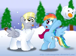 Size: 2300x1700 | Tagged: safe, artist:aleximusprime, derpibooru import, derpy hooves, rainbow dash, pegasus, pony, backwards cutie mark, female, mare, snowmare, snowpony, surprised