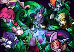 Size: 1280x905 | Tagged: safe, artist:dawnallies, derpibooru import, applejack, fili-second, fluttershy, humdrum, mane-iac, masked matter-horn, mistress marevelous, pinkie pie, radiance, rainbow dash, rarity, saddle rager, spike, twilight sparkle, twilight sparkle (alicorn), zapp, alicorn, pony, power ponies (episode), female, mare, power ponies