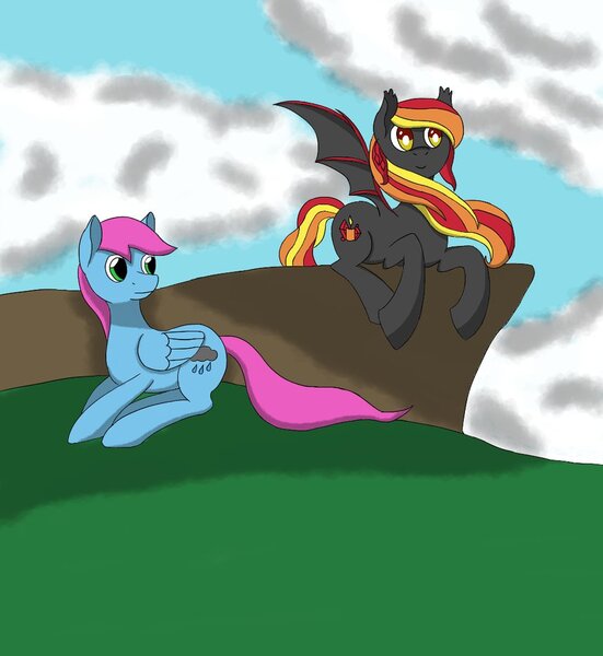 Size: 857x933 | Tagged: safe, artist:fred7162, derpibooru import, oc, oc:candle light, oc:raindrop, unofficial characters only, bat pony, pegasus, pony, cloud, duo, prone, resting, smiling, spread wings, wings