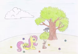 Size: 1024x718 | Tagged: artist:fred7162, derpibooru import, flower, fluttershy, meadow, oc, oc:geoff, resting, safe, traditional art