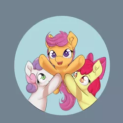 Size: 1000x1000 | Tagged: safe, artist:alasou, deleted from derpibooru, derpibooru import, apple bloom, scootaloo, sweetie belle, pony, adorabloom, crying, cute, cutealoo, cutie mark crusaders, diasweetes, ear fluff, hair bow, happy, holding a pony, open mouth, scootalove, smiling, tears of joy, underhoof