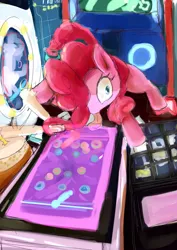 Size: 2893x4092 | Tagged: safe, artist:goneking, derpibooru import, pinkie pie, dance dance revolution, groove coaster, jubeat, maimai, multitasking, musical instrument, prehensile mane, pump it up, reflec beat, rhythm game, taiko, tongue out, wat