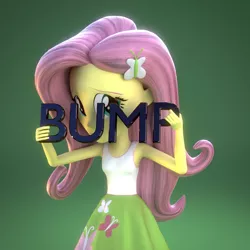 Size: 1000x1000 | Tagged: safe, artist:3d thread, artist:creatorofpony, derpibooru import, fluttershy, equestria girls, /mlp/, 3d, 3d model, armpits, blender, bump, clothes, hiding, holding, nervous, skirt, solo, tanktop