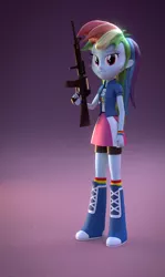 Size: 756x1271 | Tagged: safe, artist:3d thread, artist:borickrut, artist:creatorofpony, derpibooru import, rainbow dash, equestria girls, /mlp/, 3d, 3d model, blender, boots, clothes, compression shorts, gun, m16, no trigger discipline, rifle, shirt, skirt, smiling, solo, standing, weapon, wristband