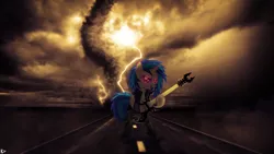 Size: 2560x1440 | Tagged: safe, artist:karl97, artist:sulyo, derpibooru import, vinyl scratch, pony, unicorn, badass, bipedal, dark, female, glowing eyes, guitar, heavy metal, hooves, horn, lightning, mare, open mouth, red eyes, road, smiling, solo, vector, wallpaper