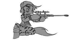 Size: 4098x2234 | Tagged: safe, artist:saddnesspony, derpibooru import, earth pony, pony, black and white, grayscale, gun, hooves, male, monochrome, optical sight, rifle, simple background, sitting, sniper, sniper rifle, solo, stallion, transparent background, weapon