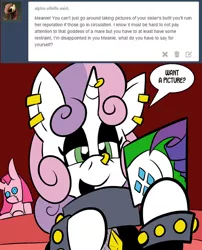 Size: 576x713 | Tagged: artist:pembroke, ask pinkamena diane pie, derpibooru import, meanie belle, pinkamena diane pie, pinkie pie, plot, rarity, safe, sweetie belle