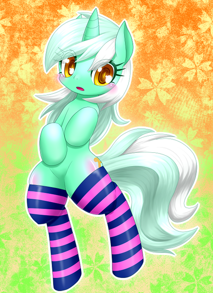 Size: 509x700 | Tagged: safe, artist:hashioaryut, derpibooru import, lyra heartstrings, pony, bipedal, clothes, cute, featureless crotch, implied lyrabon, implied shipping, pixiv, socks, solo, striped socks