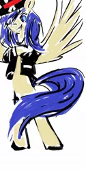 Size: 736x1457 | Tagged: artist needed, safe, derpibooru import, oc, oc:astral blitzen, unofficial characters only, pegasus, pony, bipedal, clothes, female, grin, hair over one eye, hat, looking at you, mare, smirk, solo, spread wings, top hat, tuxedo