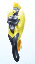 Size: 662x1200 | Tagged: alternate version, anthro, artist:equus, bedroom eyes, breasts, busty spitfire, crossed arms, derpibooru import, female, latex, latex suit, leotard, solo, solo female, spitfire, stupid sexy spitfire, suggestive, unguligrade anthro